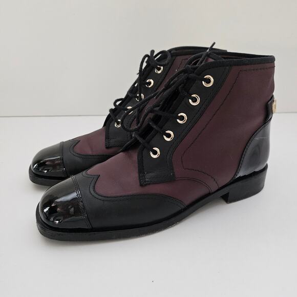 Chanel Burgundy/Black CC Cap Toe Ankle Boots Size US 7.5 /  EU 37.5 - Picture 5 of 8
